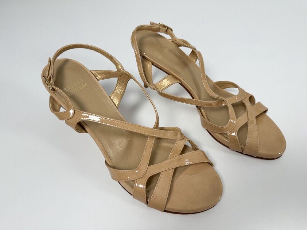 Stuart Weitzman Sandals Women's 9 Beige Patent Leather Buckle Strap Heels Nude